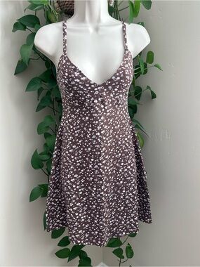Brown Floral V-Neck Mini Dress with adjustable Spaghetti Straps